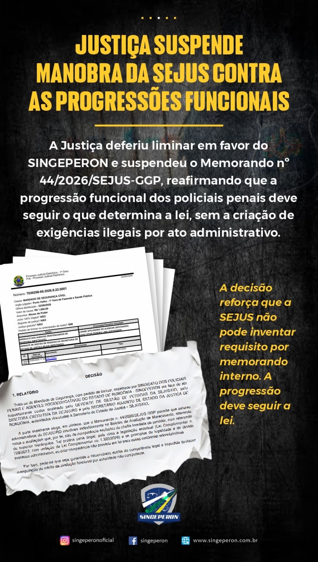Justiça suspende memorando da SEJUS e garante continuidade das progressões funcionais dos policiais penais