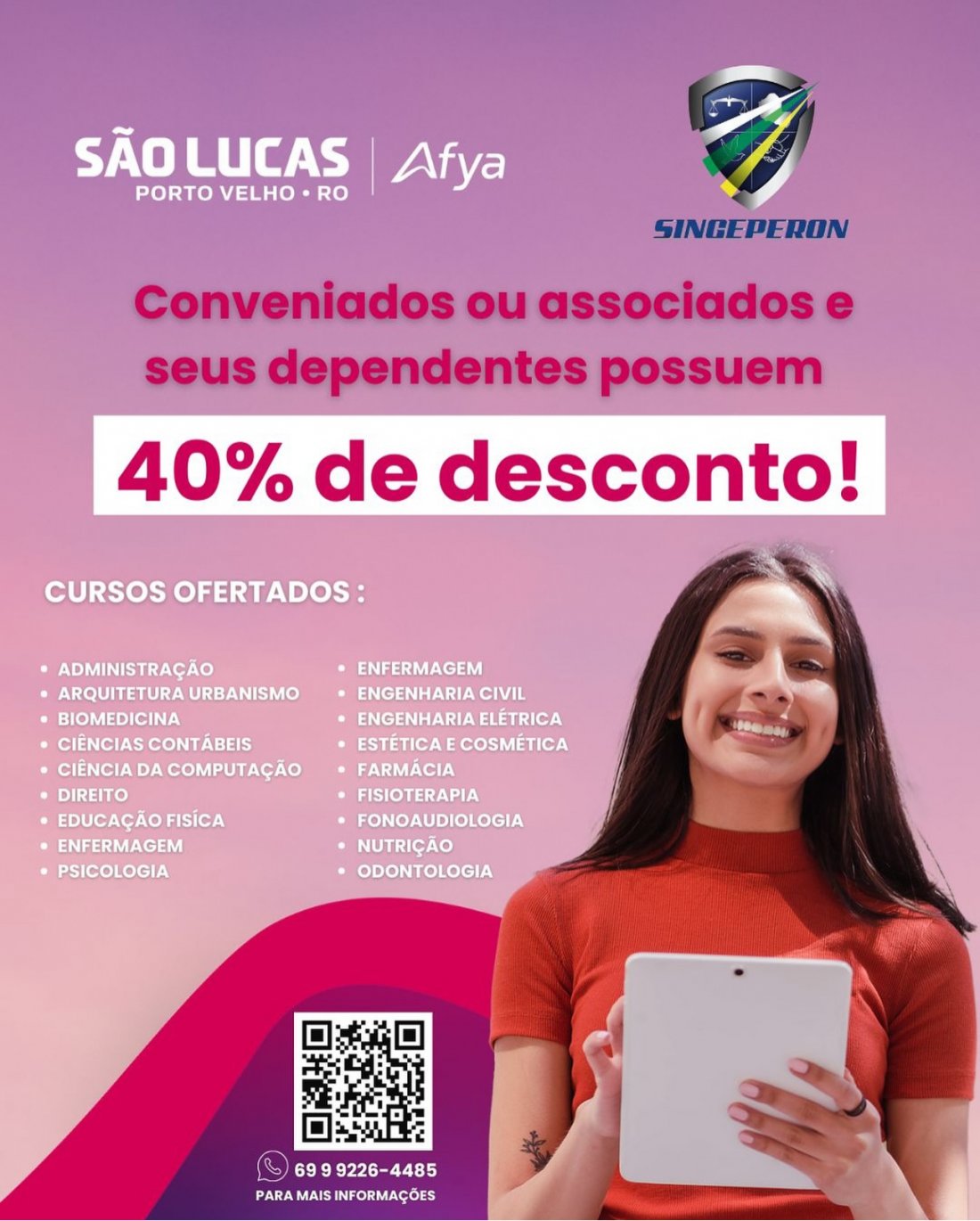 Convênio garante 40% de desconto em cursos da Afya São Lucas para filiados ao Singeperon e seus dependentes
